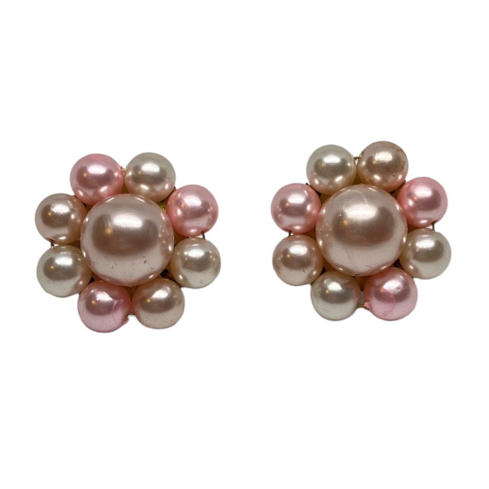 Vintage 60s Faux Pearl Pink White Screw Back Round‎ Cluster Clip On Earrings 1"